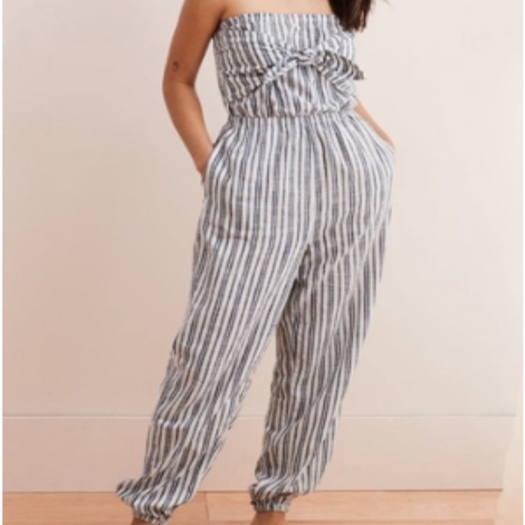 Aerie Strapless Striped Jumpsuit White Blue Size Small - Picture 6 of 7